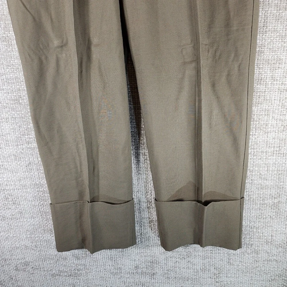 ZARA Straight Leg Pull On Wide Cuff Pants Womens M Green Linen Look Office NWT